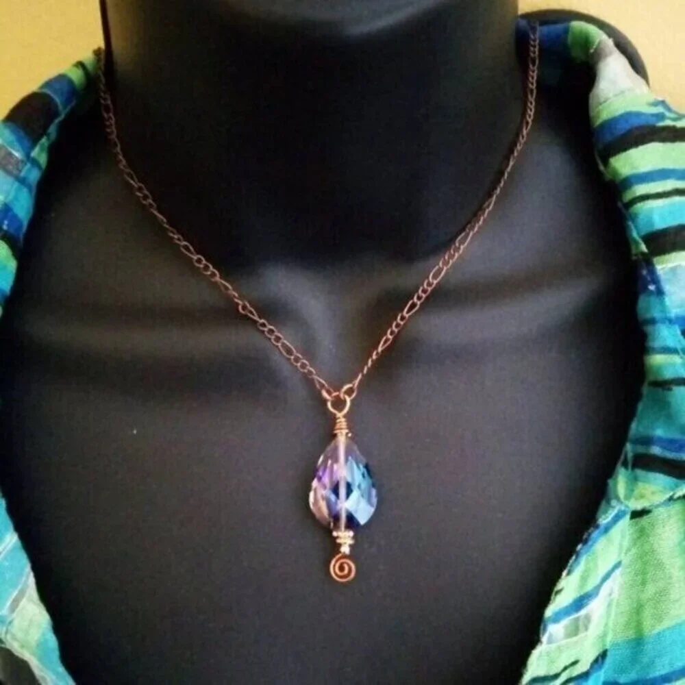Gorgeous  Blue Color!!! Copper Wire Wrapped Faceted Teardrop + Figaro Chain